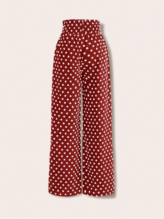 Priv Women's Polka Dot Shirred Waisted Wide Leg Pants