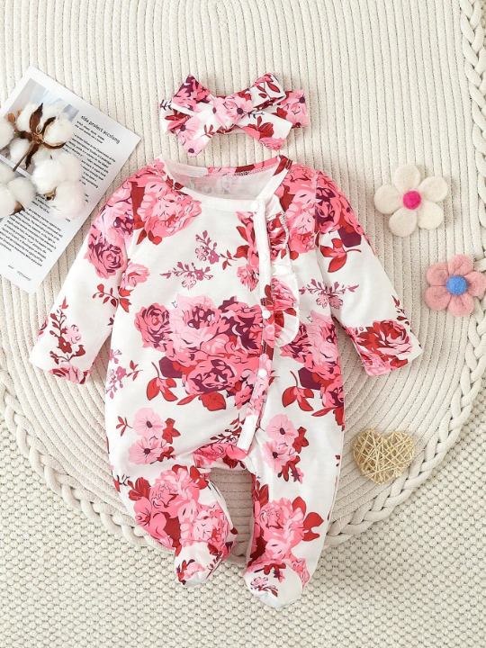 Baby Girl 1pc White Cute Big Flower Print Long Sleeve Sleepwear Romper