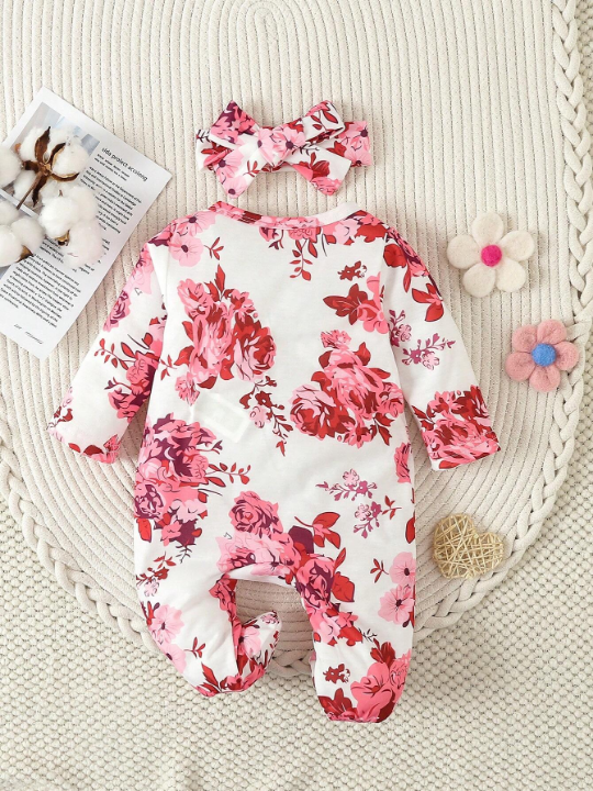 Baby Girl 1pc White Cute Big Flower Print Long Sleeve Sleepwear Romper