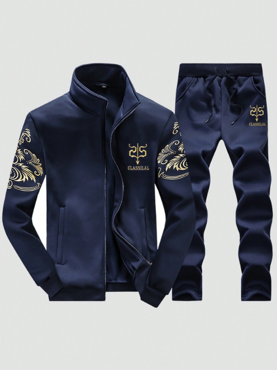 Men's Autumn And Winter Printed Stand Collar Jacket And Pants Sports Suit