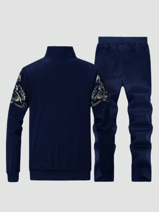 Men's Autumn And Winter Printed Stand Collar Jacket And Pants Sports Suit
