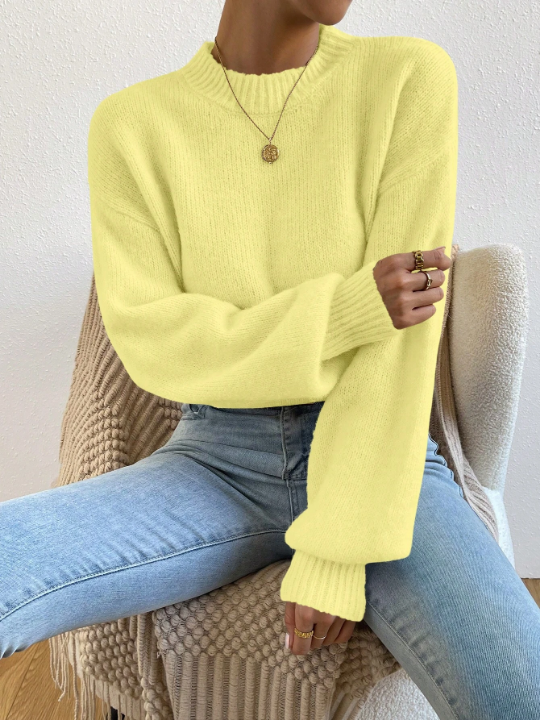 Solid-Colored Drop Shoulder Casual Sweater