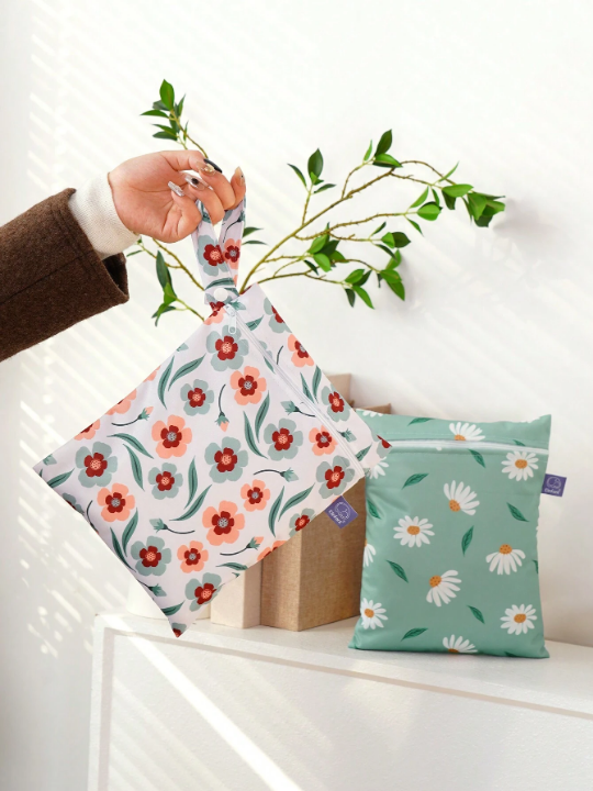 2PCS Green Flower Pattern Waterproof Handheld Storage Bag, Swimming Bag For Separating Wet And Dry, Sandproof And Dustproof Beach Storage Pouch