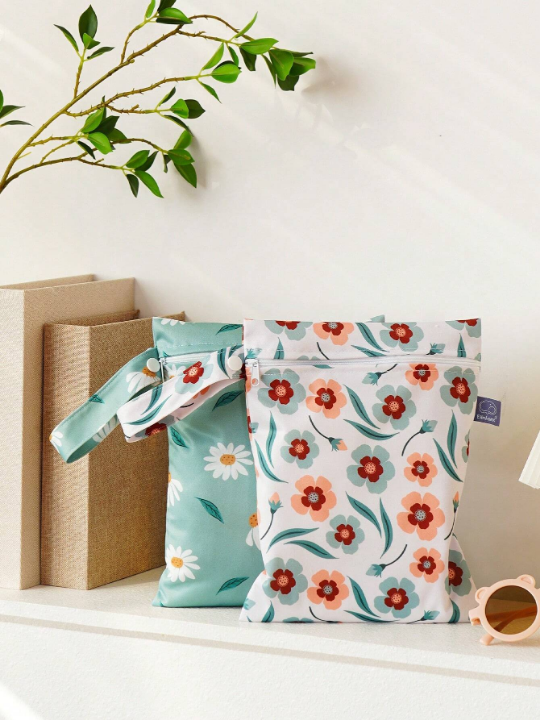 2PCS Green Flower Pattern Waterproof Handheld Storage Bag, Swimming Bag For Separating Wet And Dry, Sandproof And Dustproof Beach Storage Pouch