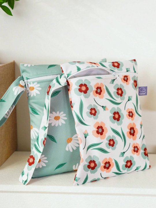 2PCS Green Flower Pattern Waterproof Handheld Storage Bag, Swimming Bag For Separating Wet And Dry, Sandproof And Dustproof Beach Storage Pouch