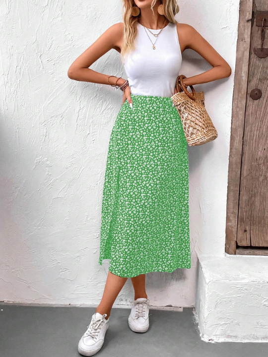 Frenchy Flower Print High Split Mid-Length Skirt