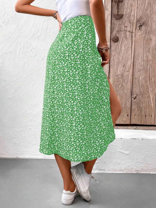 Frenchy Flower Print High Split Mid-Length Skirt