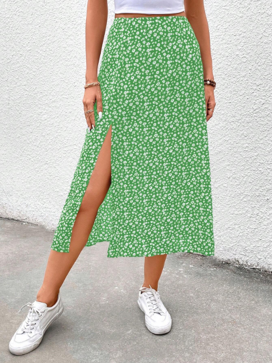 Frenchy Flower Print High Split Mid-Length Skirt