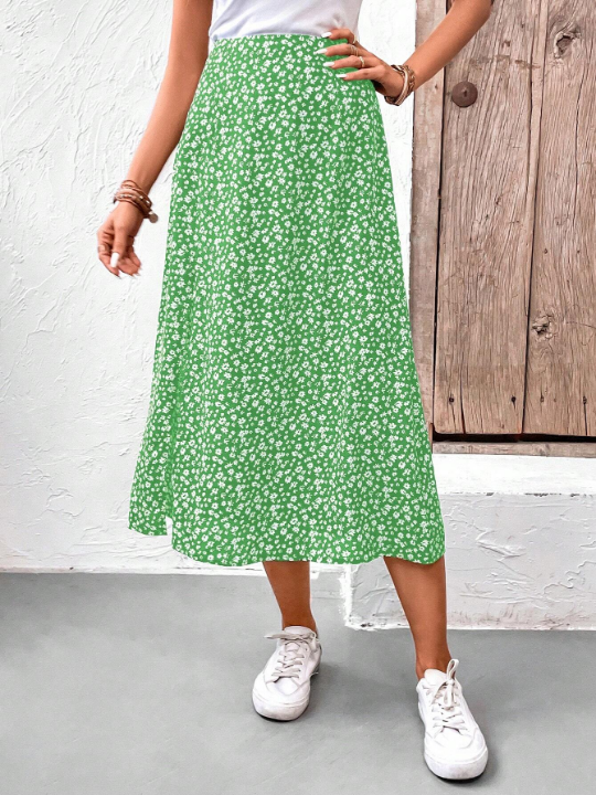 Frenchy Flower Print High Split Mid-Length Skirt