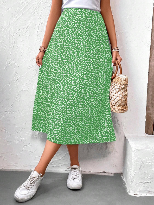 Frenchy Flower Print High Split Mid-Length Skirt