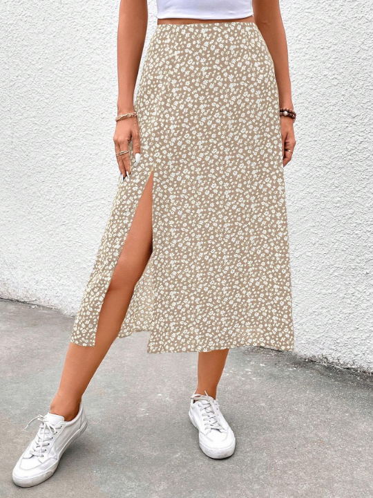 Frenchy Small Flower Print Slit Design Skirt