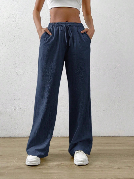 EZwear Navy Blue Cotton And Linen Drawstring Waist Slant Pocket Wide Leg Pants