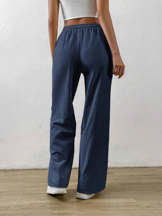 EZwear Navy Blue Cotton And Linen Drawstring Waist Slant Pocket Wide Leg Pants