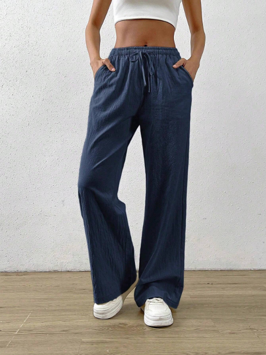 EZwear Navy Blue Cotton And Linen Drawstring Waist Slant Pocket Wide Leg Pants