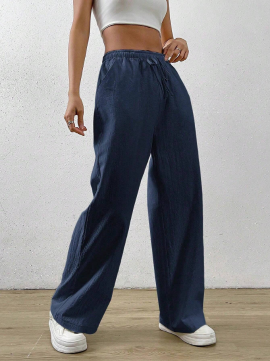 EZwear Navy Blue Cotton And Linen Drawstring Waist Slant Pocket Wide Leg Pants