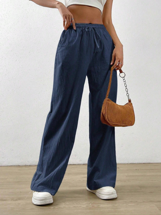 EZwear Navy Blue Cotton And Linen Drawstring Waist Slant Pocket Wide Leg Pants