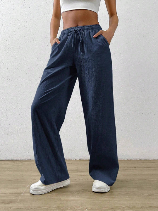 EZwear Navy Blue Cotton And Linen Drawstring Waist Slant Pocket Wide Leg Pants