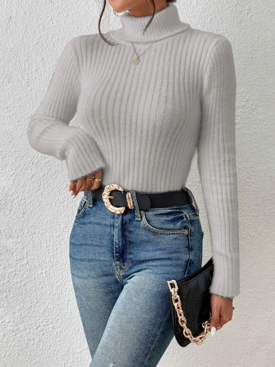 Frenchy Solid Ribbed Knitted High Neck Sweater