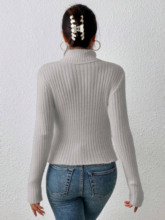 Frenchy Solid Ribbed Knitted High Neck Sweater