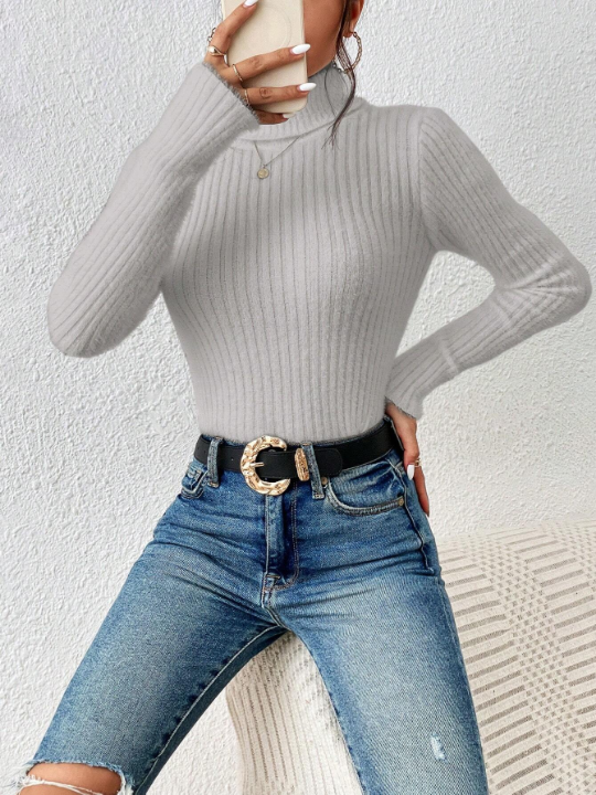 Frenchy Solid Ribbed Knitted High Neck Sweater