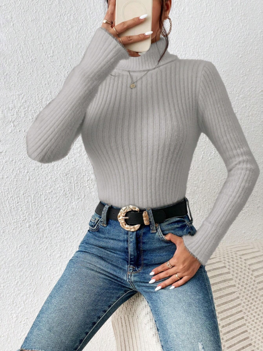 Frenchy Solid Ribbed Knitted High Neck Sweater