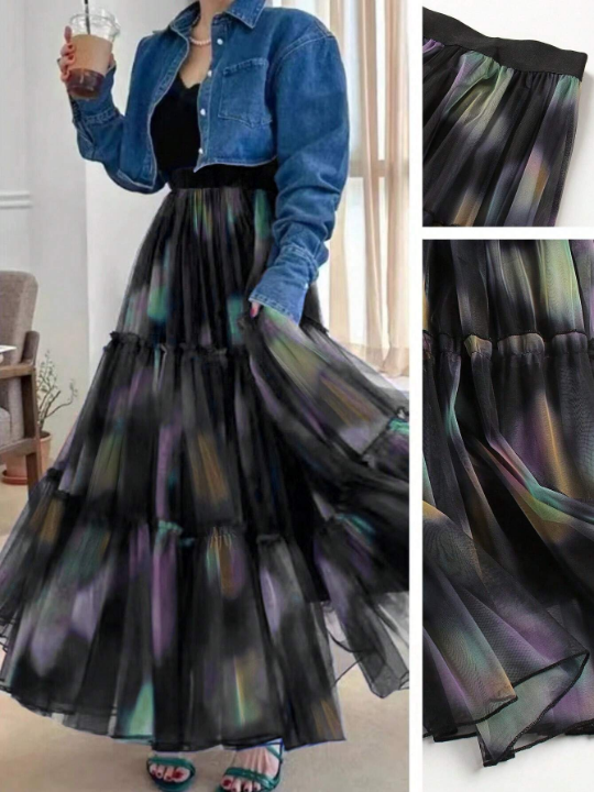 Women's Tie-Dye Mesh Overlay Skirt