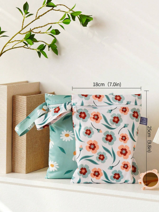 2PCS Green Flower Pattern Waterproof Handheld Storage Bag, Swimming Bag For Separating Wet And Dry, Sandproof And Dustproof Beach Storage Pouch