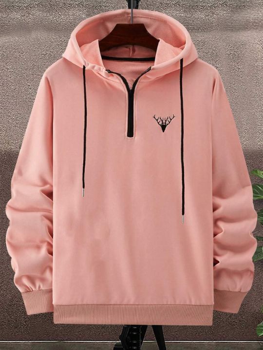 Manfinity Homme Men's Zipper Half Placket Drawstring Hoodie With Deer Head Pattern