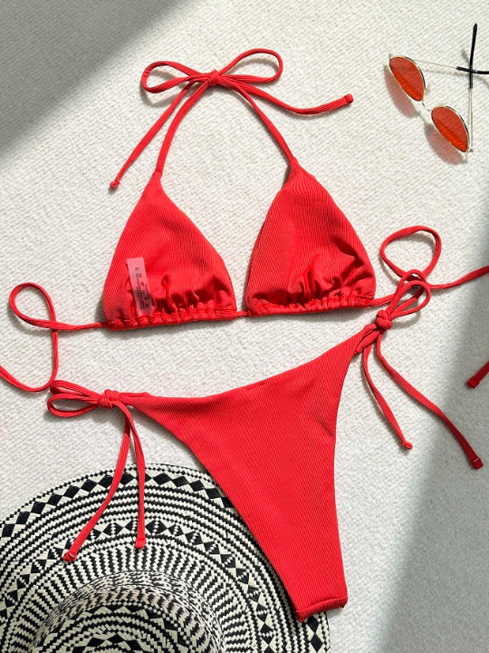 Swim Basics Women's Solid Color Halter Triangle Cup Bikini Set With Separated Bottom New Year