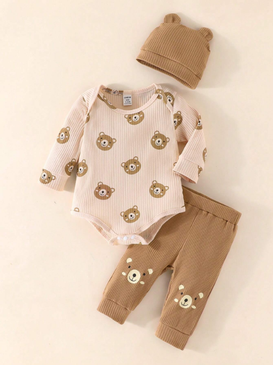 Newborn Baby Boy Bear Printed Romper With Pants Set