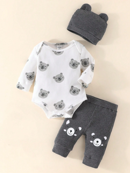 Newborn Baby Boy's Bear Printed Bodysuit And Pants Set