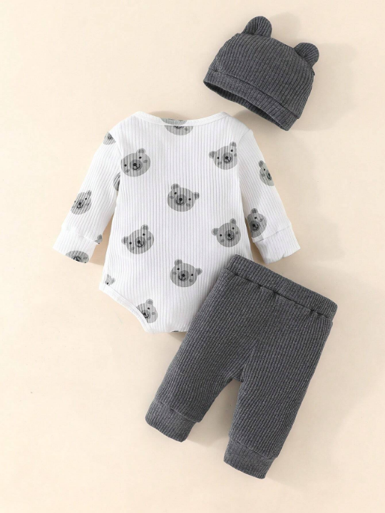 Newborn Baby Boy's Bear Printed Bodysuit And Pants Set