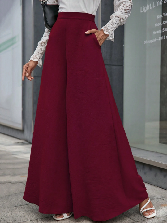 LUNE Solid Color High Waisted Wide Leg Pants With Slanted Pockets