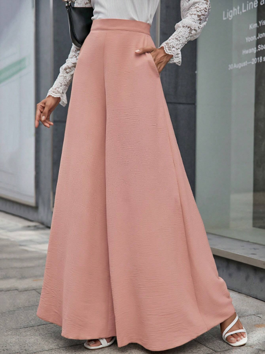 LUNE Solid Color Wide Leg Pants With Slanted Pockets