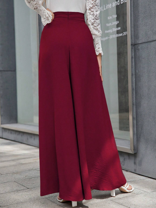 LUNE Solid Color High Waisted Wide Leg Pants With Slanted Pockets