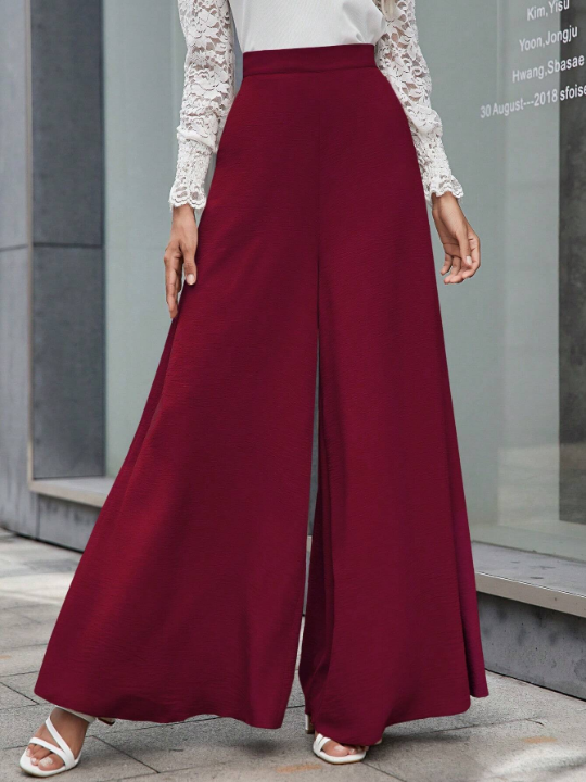 LUNE Solid Color High Waisted Wide Leg Pants With Slanted Pockets