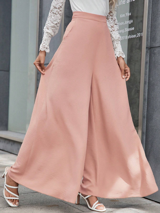 LUNE Solid Color Wide Leg Pants With Slanted Pockets