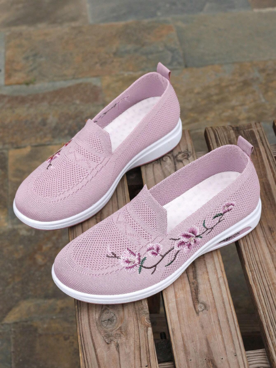 Women'S Slip-On Embroidery Sneakers, Soft Breathable Sole, Casual Sports Shoes