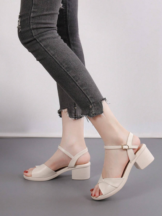 Apricot High Heel Sandals For Women With Ankle Strap And Thick Sole, Comfortable And Versatile For Summer, New Arrival