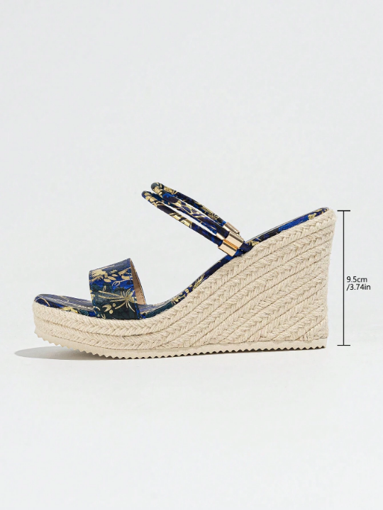 Women'S Wedge Heel Platform Espadrille Sandals, Woven Straw Square Toe Slip-On Slides, Dual Wear