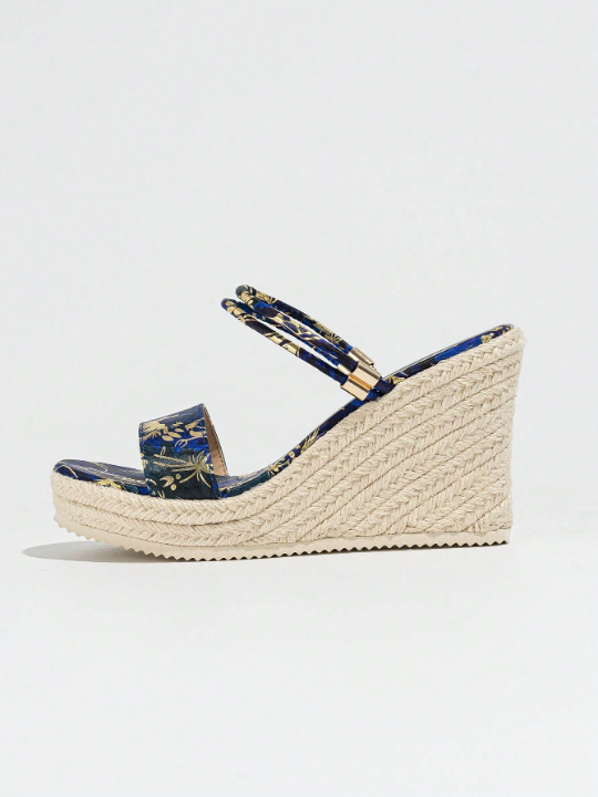 Women'S Wedge Heel Platform Espadrille Sandals, Woven Straw Square Toe Slip-On Slides, Dual Wear