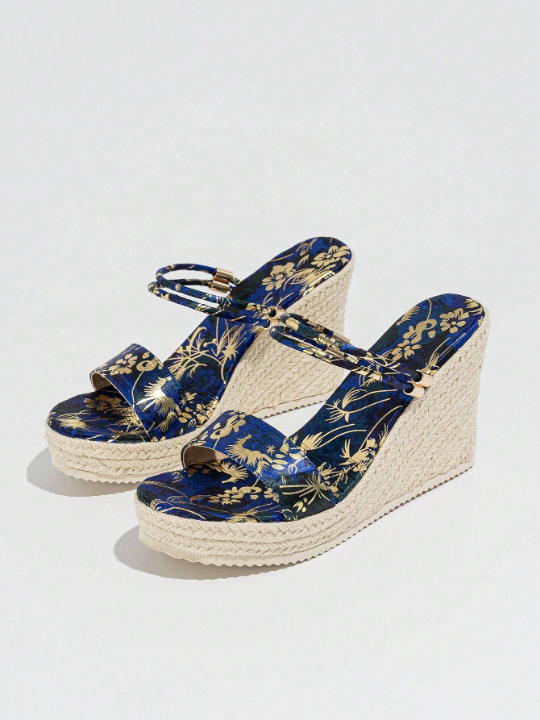 Women'S Wedge Heel Platform Espadrille Sandals, Woven Straw Square Toe Slip-On Slides, Dual Wear