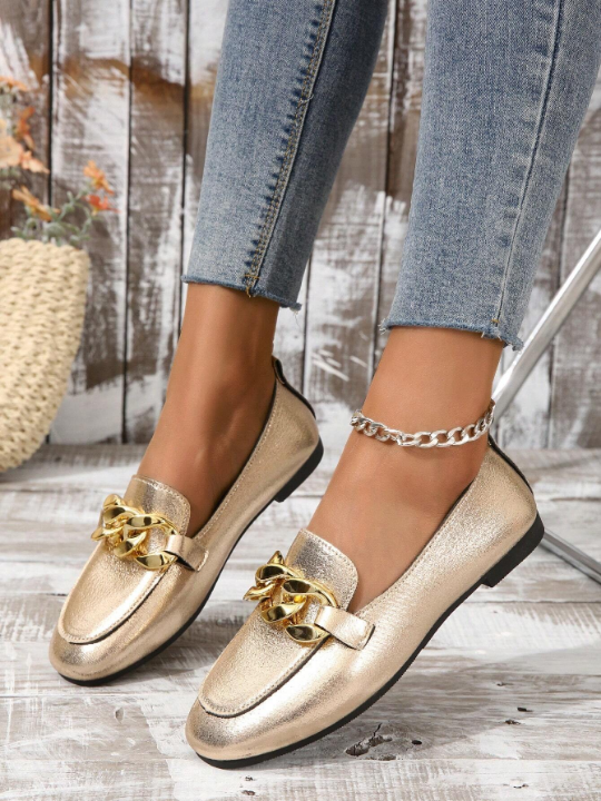 Gold Metallic Chain Decor Four Seasons Fashionable Flat Shoes