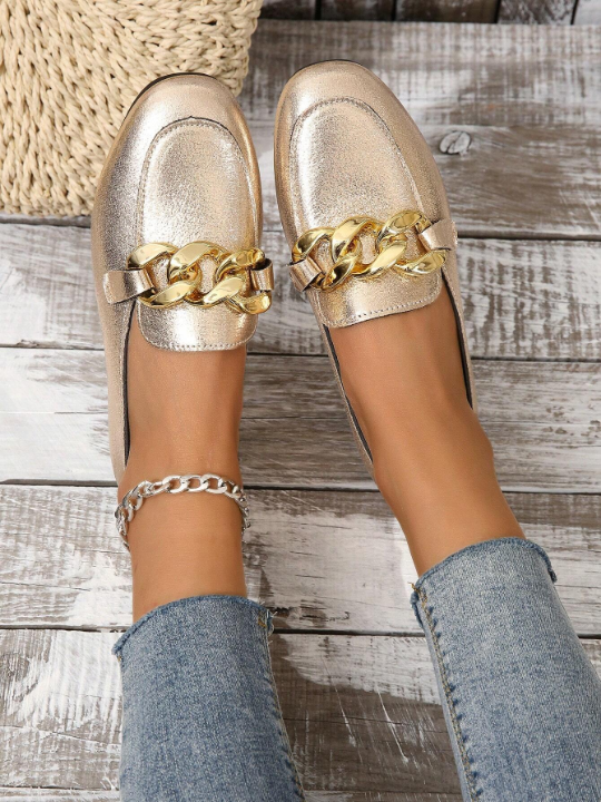 Gold Metallic Chain Decor Four Seasons Fashionable Flat Shoes