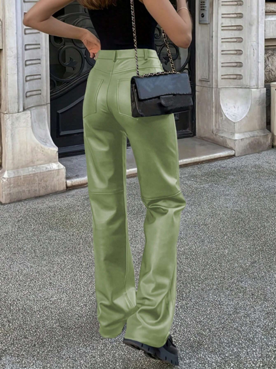 Solid High Waist PU Leather Straight Leg Pants