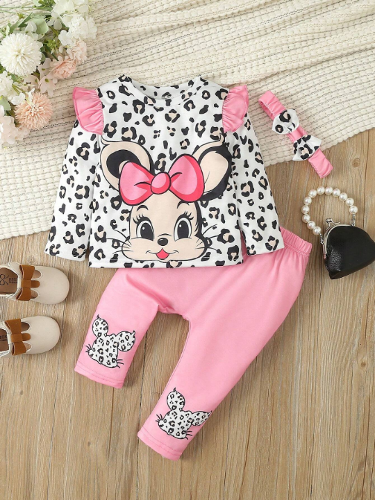 Baby Girl'S Cute & Fun Leopard & Mouse Print Long Sleeve Top And Pants Set