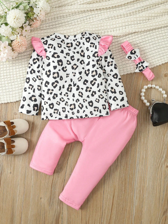 Baby Girl'S Cute & Fun Leopard & Mouse Print Long Sleeve Top And Pants Set