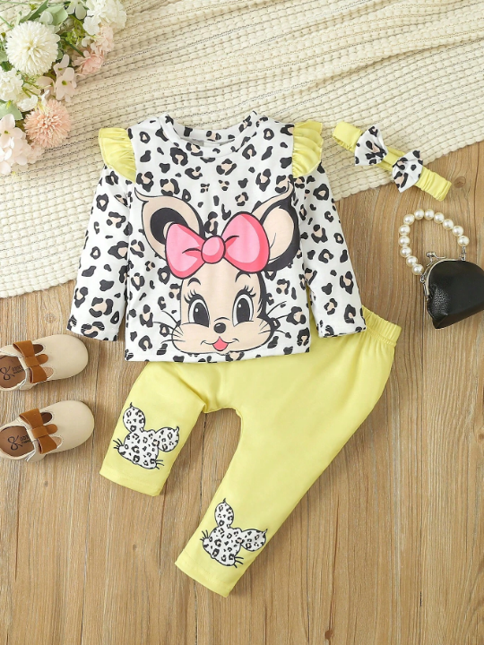 Baby Girls' Fun & Cute Leopard & Mouse Printed Long Sleeve Top And Pants Set