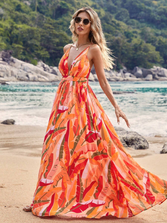 VCAY Beach Women Outfits Summer Bohemian Style Printed V-Neck Waist-Cinching Maxi Dress