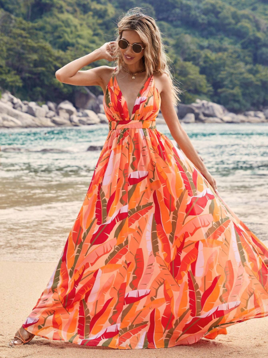 VCAY Beach Women Outfits Summer Bohemian Style Printed V-Neck Waist-Cinching Maxi Dress